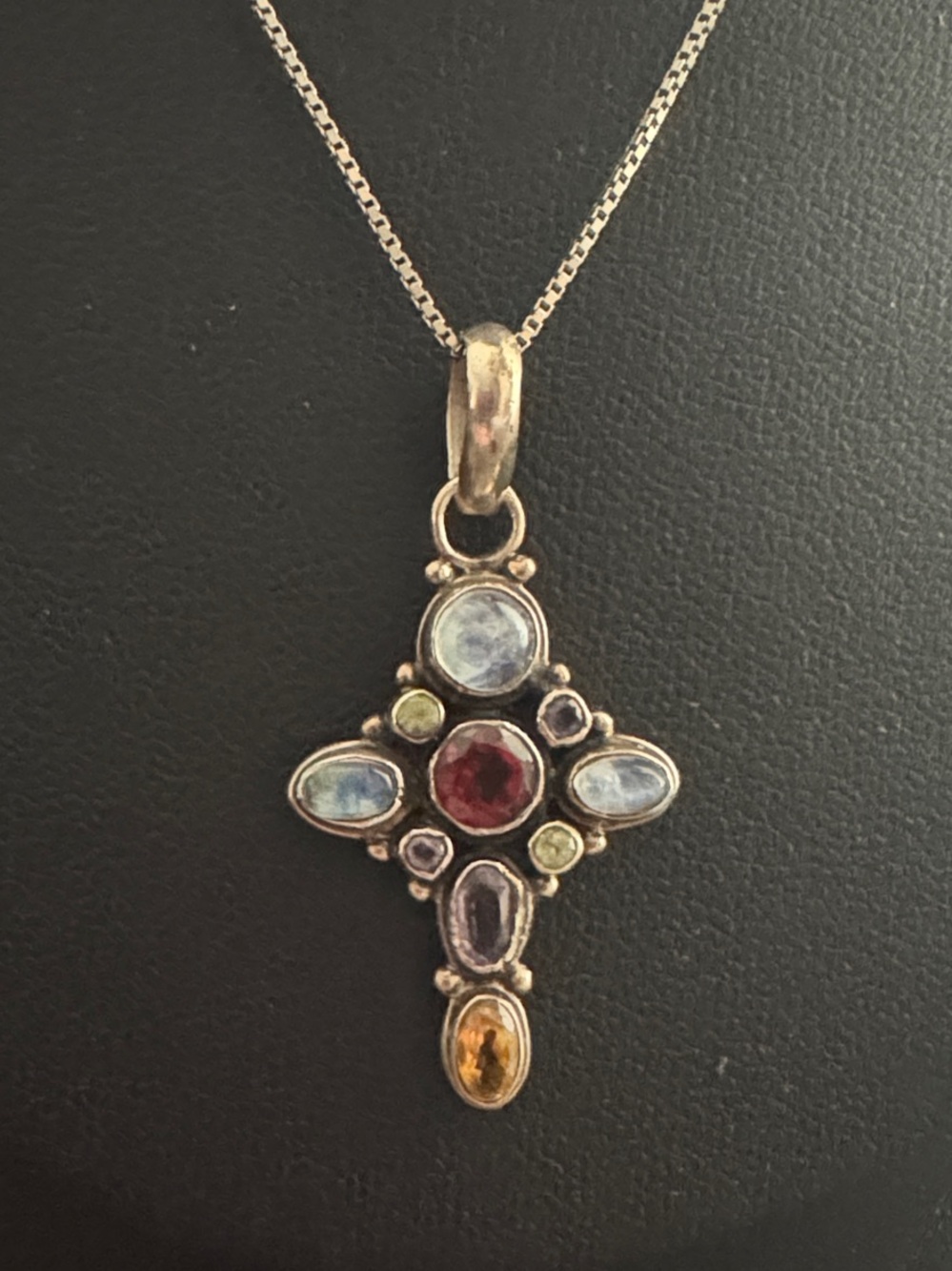 Sterling Silver Multi-Gemstone Cross Pendant & Necklace